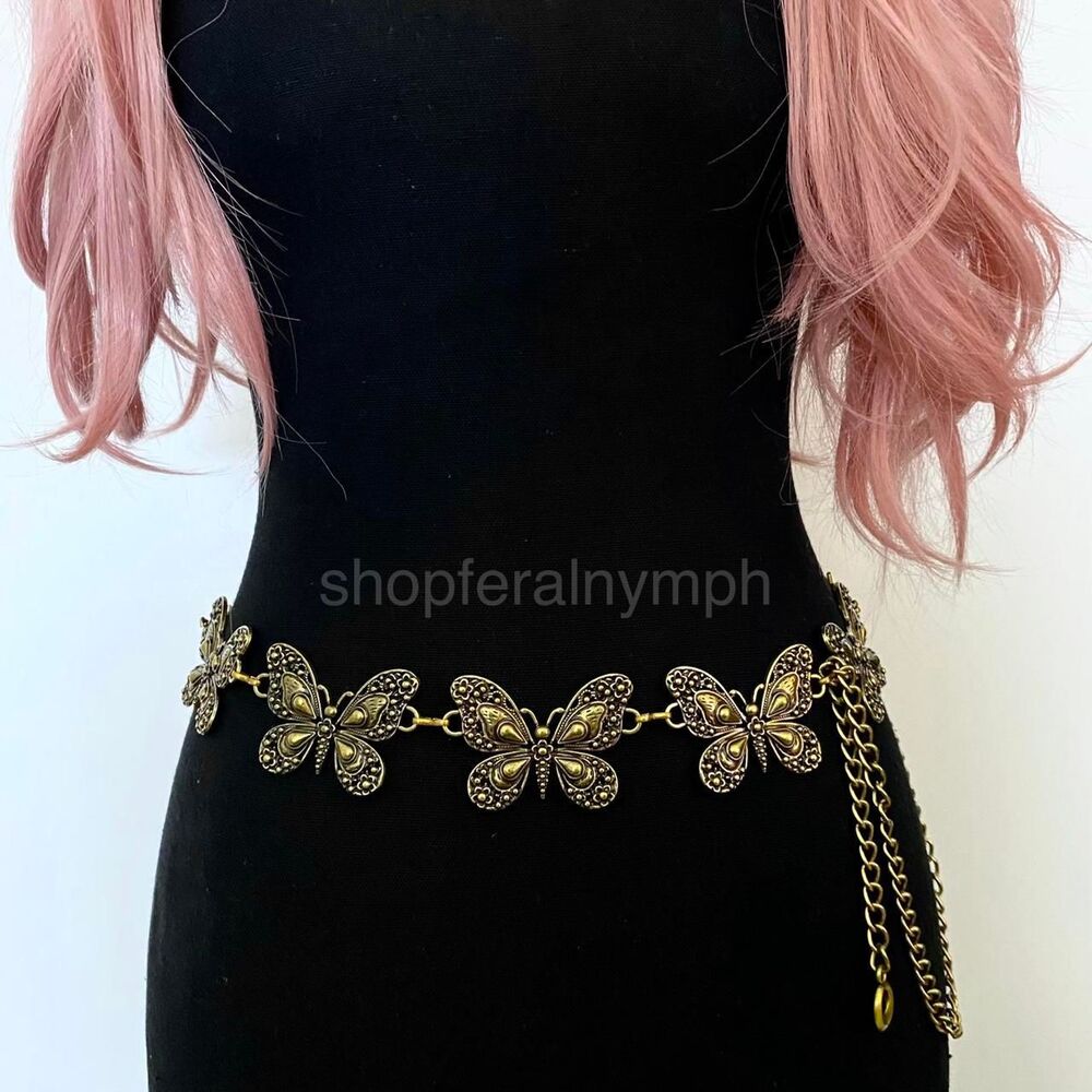 Antique Gold Y2K Butterfly Fairycore Chain Belt, Fits 15-46 Inches, X7GA1273
